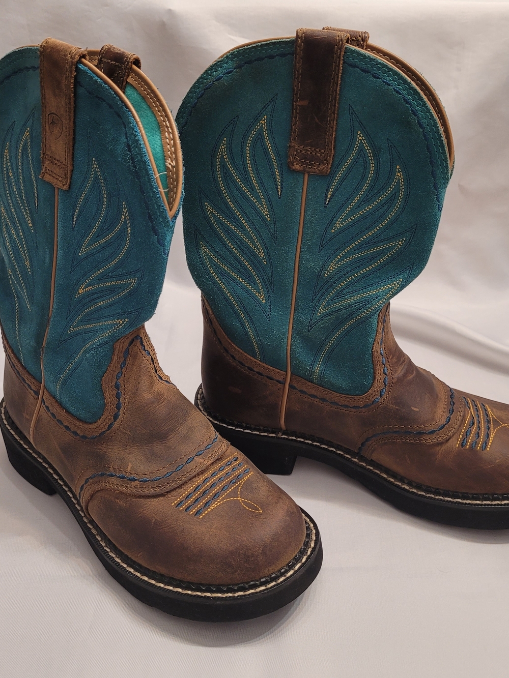 Ariat Western Work Boots 6.5 Brown Blue Square Toe Leather